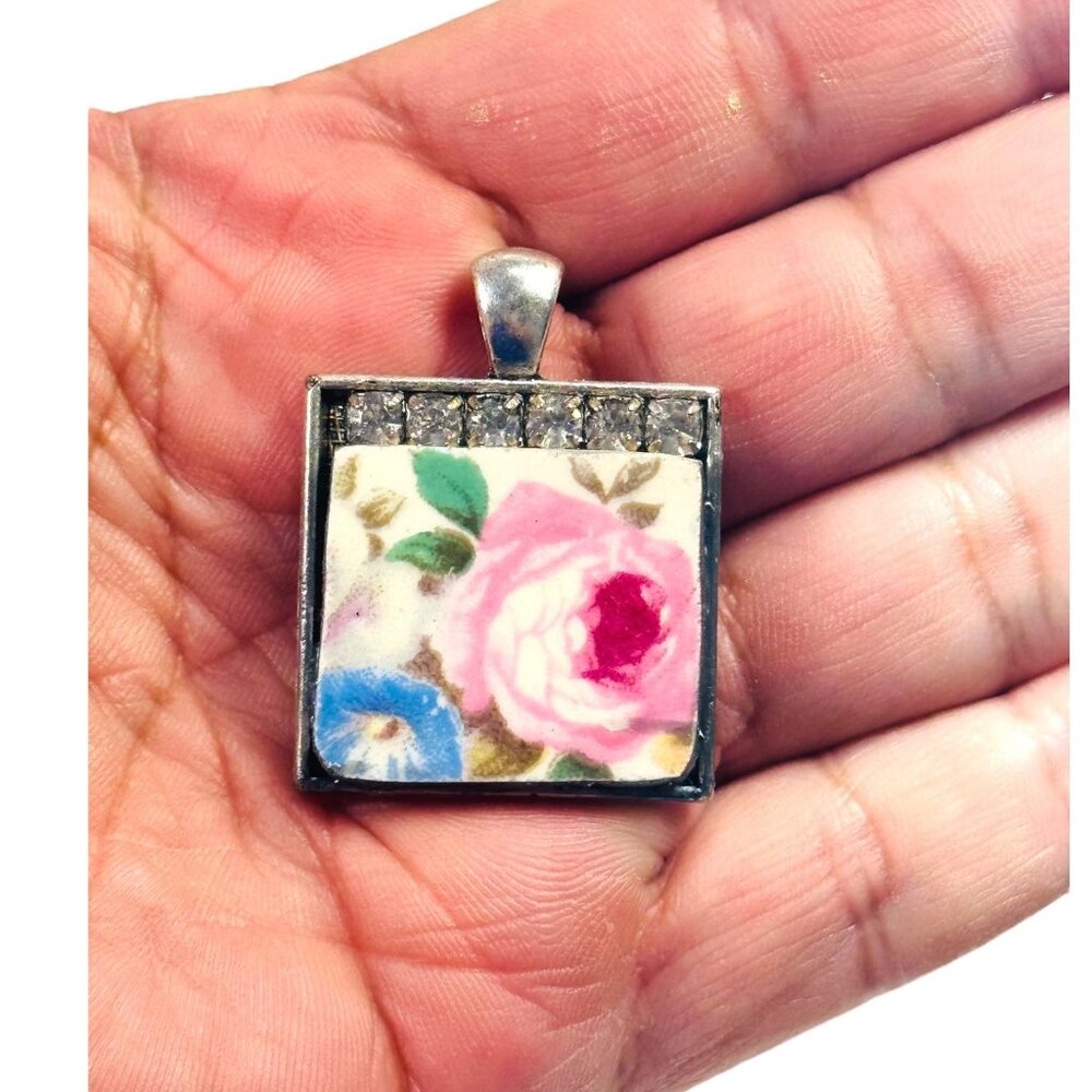 Homer Laughlin Floral Broken China  Square Pendant with Rhinestones Necklace - Picture 2 of 15